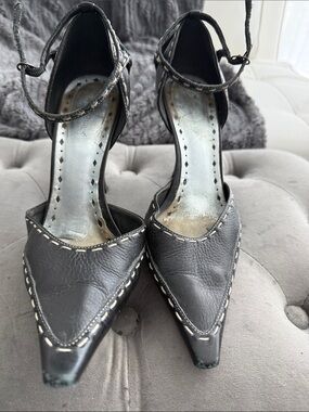 BCBGirls Black Pointed-Toe Ankle-Strap Heels with Contrast Stitching